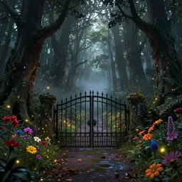 a hq artstation, beautiful digital glossy clear sharp of a detailed dark fantasy forest trees fireflies nd iron gate road pathway fog by james gurney, tadema, dark constrast colorful flowers 8 k resolution trending on artstation