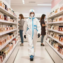 a woman in a hazmat suit walking through a department store's perfume section art by artgerm and greg rutkowski and magali villeneuve