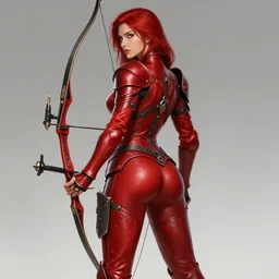 Female archer, dnd, d&d, leggins, red skintight leather armor, red hair, looking from behind, visible face!, beautiful face, toned derriere, high fantasy, matte painting, by wlop, by sakimichan