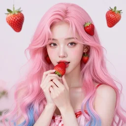 a goddess of strawberries, long pink and blue hair