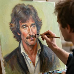 a closeup photorealistic photograph of bob ross working on a canvas painting of kenny powers. film still. brightly lit scene. this 4 k hd image is trending on artstation, featured on behance, well - rendered, extra crisp, features intricate detail, epic composition and the style of unreal engine.