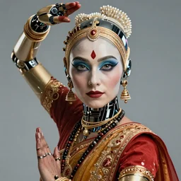 a stunning ultra detailed fantasy fine art portrait photo of a robot from ex machina movie dressed as an indian classical dancer, by tom bagshaw, wlop and anna dittman, 2 4 mm lens, golden ratio composition, deep depth of field, perfect eyes and face, cyberpunk, soft lighting, artstation, 8 k