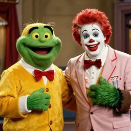 film still of ronald mcdonald and grimace in a 1 9 8 0 s horror movie