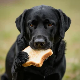 old, black labrador eating a sandwich, photography