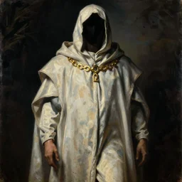 a man wearing long pale shadowy cloak, golden chains, face covered by shadow, ominous, oil painting, high detail, painted by michelangelo