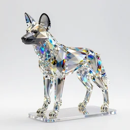 swarovski solid crystal statue of african wild dog, high octane render, photo realistic, 50mm, vibrant color, rainbow caustic lighting, product display