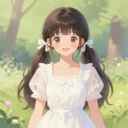 a beautiful digital illustration portrait of a pretty russian girl, happy kawaii, hestia, with bangs and twintails, dark hair with bow ties, arms down at side, wearing a white lace dress. in a garden, artgerm, by ilya kuvshinov artgerm pastel colors