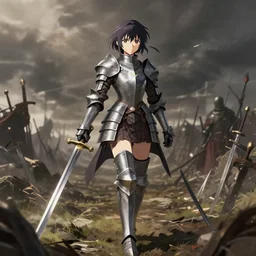 anime visual, defeated girl in knight armor pierced by many swords walking on a battlefield in medieval times, dramatic pose, dramatic lighting, dramatic, wlop, rossdraws