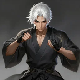 a highly detailed illustration of fierce short white haired parted through the middle young attractive asian man, wearing hakama, with black sclera eyes, heroically battle posing, intricate, elegant, highly detailed, centered, digital painting, artstation, concept art, smooth, sharp focus, league of legends concept art, WLOP