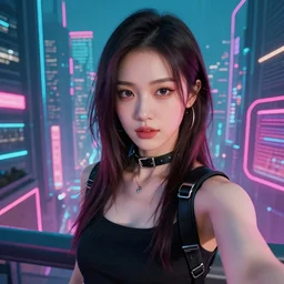a selfie of a girl on a cyberpunk city, cyberpunk style, digital art, photorealistic, 14K HD Quality, Highly Detailed, Vibrant, more coherent, Super High Quality, hyper realistic