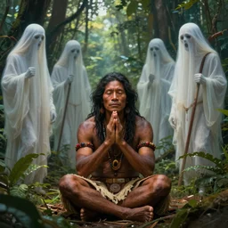 an indigenous man sitting and praying in the jungle, while ghosts of his ancestors watch over him, art by christophe vacher