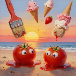 a funny high resolution oil painting with dirty old brush of a lazy red burning and melting tomatos with googly eyes on a sunset beach to hot for the sun, big piles of strawberry icecream in cones falling from the sky by james jean