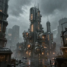 steam punk city, concept art, light rain