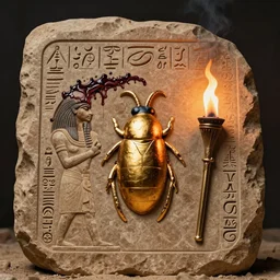 carved sand stone, golden scarabee, egyptian glyphs, darkness, torch light, fantasy art, evil fluid, creepy, by greg rutkowski