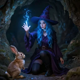 blue haired female witch casting a spell, magic, cave, rabbit sidekick, 8 k, cinematic lighting,