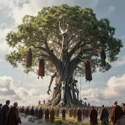 biomechanical arms and legs growing out of a tree with many telephone cables connected to the branches, intricate details, finger branches, backlit, clouds, a crowd of robed worshipers, giant people climbing the tree, concept art, by greg rutkowski