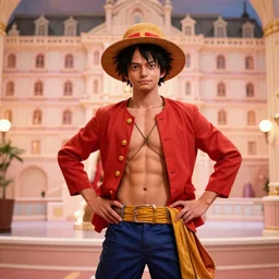 a film still of cosplay of luffy the pirate in the grand budapest hotel ( 2 0 1 4 ), artwork by craig mullins, octane, unreal, trending on art station