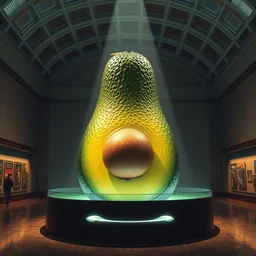 a huge avocado displayed inside a museum under spotlight, pentax k 1 0 0 0, ray tracing, professional photomanipulation, fully detailed, sarcastic