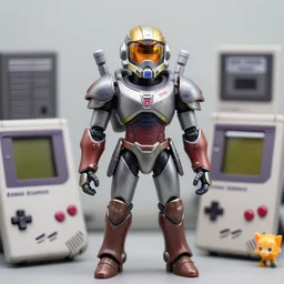 humanoid mech figurine diorama helmet portrait. shallow depth of field. suit of armor. metroid varia samus in the style of a 1 9 8 0 s grey aged cassette tape player, a gameboy dmg - 0 1 classic, as well as the handyboy, konami hyperboy, saitek boosterboy accessories. cyberdeck.