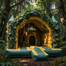 inflatable bouncer castle, ((((((((((((((((((an overgrown forest, vine-covered cave entrance in shadow))))))))), warm light dappled through the leaves))))))))), Wadim Kashin, in Peter Elson color scheme, featured in artstation, octane render, cinematic, elegant, intricate, 8k