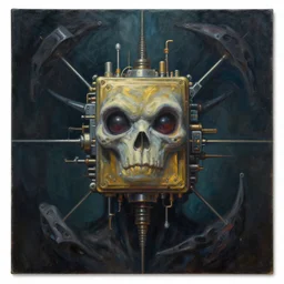 grim oil painting of good and friendly sentient ai machine core, symmetrical, golden ration, nightmare color scheme, realistic shaded lighting, octaine rendering, wallpapper, magali villeneuve, trending on artstation
