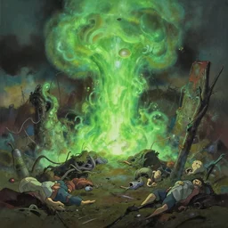 centred painting of a toxic wasteland, green plutonium gas, dead bodies, octane rendering, trending on artstation, studio ghibli, michael whealan and james gurney