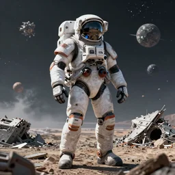 portrait of a mecha astronaut alone on a distant planet with a spaceship destroyed, octane render, trending on artstation, hyperrealistic, character photography