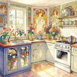a beautifull intricate watercolor painting of a kitchen with flowers, reflexions, verry high details, colorfull, by william turner art, by greg rutkowski, by alphonse mucha, by james jean, by rossdraws, by frank franzzeta, by sakimichan, trending on artstation, very very detailed, masterpiece,