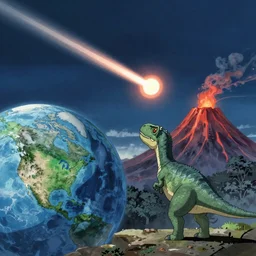 A comet about to hit prehistoric earth, a dinosaur is looking at it, a volcano in the background,epic, extra detailed, digital illustration, by Makoto Shinkai and thomas kinkade, digital painting, Matte painting, trending on artstation and unreal engine