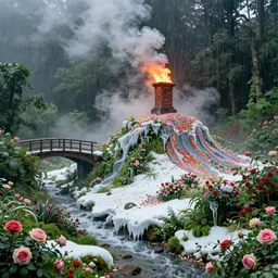 sprinkles raining down on candy mountain, ornate, beautiful, atmosphere, vibe, mist, smoke, fire, chimney, rain, wet, pristine, puddles, melting, dripping, snow, creek, lush, ice, bridge, green, forest, roses, flowers, by stanley artgerm lau, greg rutkowski, thomas kindkade, alphonse mucha, loish, norman rockwell