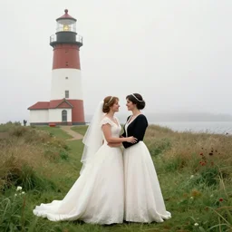 a wedding! between two women!!! in front of a lighthouse!, fog!! joy! style of norman rockwell