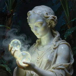 a neoclassicist close - up portrait of an alien marble statue holding glowing orbs in a botanical garden at night. reflective textures. glowing fog. highly detailed fantasy science fiction painting by moebius, norman rockwell, frank frazetta, and syd mead. rich colors, high contrast, gloomy atmosphere, dark background. artstation