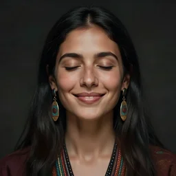 a beautiful portrait of a female shaman smiling with eyes closed feeling her heart, symetrical, by christophe vacher