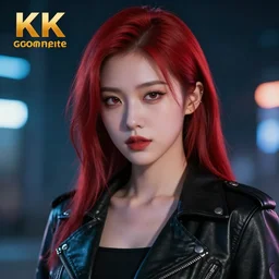 young Asian Cyberpunk woman with red hair, Close up portrait, wearing a leather jacket, hyperdetailed, artstation, cgsociety, 8k, nighttime
