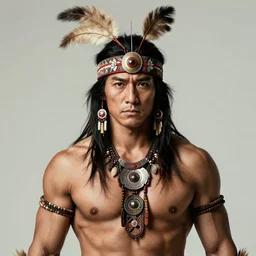 medium shot portrait, tribal headwear, muscled body, takeshi kaneshiro as a brave tribal warrior, detailed, concept art by artem priakhin