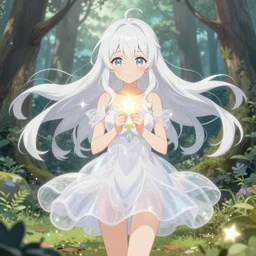 full body cute bombshell anime waifu woman with white floating hair, translucent white magical girl dress. holding tiny glowing star. isekai enchanted forest, symmetrical face. symmetrical detailed defined eyes. beautiful lineart. pixiv # 1 ranking depth of focus, chromatic aberration, noise, soft lighting, srgb, 4 k, by rembrant, kuvshinov, and ross tran