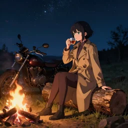 An anime girl by WLOP with short black hair and green eyes in a tan trenchcoat sitting on a log and drinking tea by the campfire by her motorcycle at night under the stars, elegant scene, wide angle, cinematic lighting, atmospheric, ultrarealistic, trending on artstation, cgsociety, highly detailed, color graded, in the style of craig mullins, rendered in Unreal Engine 4k HQ, horizon forbidden west