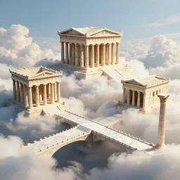 Ancient-Greek temples and buildings on clouds, connected by marble bridges. Detailed, realistic, digital matte painting