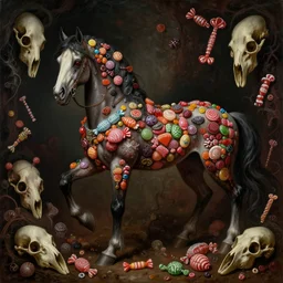 renaissance style painting of a horrifying evil candy themed horse, surrounded by different kinds of candy and bones, evil candy mare, extremely scary, extremely detailed!!!, dark themes, dim lighting, gothic style painting, horse skulls everywhere, horrifying, grim colors, dark dramatic lighting