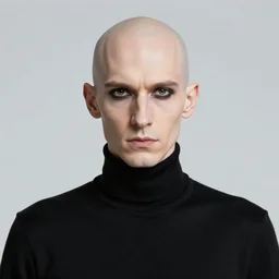 a bald pale sorcerer in his late ninetees. stately and dour in his expression. eyeliner accentuates his sunken eyes. a high black turtleneck covers his thin neck. opulent white golden red robe. white leather gloves with gold decoration, his face a mix of steeve jobs and benedict xvi, sharp focus, art by magali villeneuve