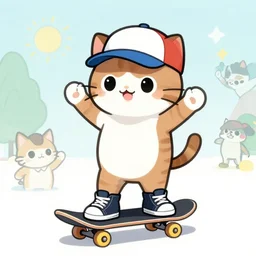 cute and funny, a cat standing on its back legs, wearing high top sneakers and a baseball cap, riding a skateboard, by mike judge, by bruce mckinnon, by albert uderzo, by garri bardin, by alexander williams, trending at artstation, award winning