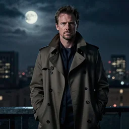portrait of james marsden, trench coat, stormy night, urban city scenery, moonlight, photorealism, jesper ejsing, artstation, volumetric lighting