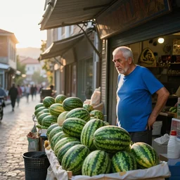 photo of frustrated old melon shop keeper in blue t - shirt hands in sides seeing that his competition down the street is also selling watermelons, tblisi old quarter street, sunrise, 8 k, cinematic lighting, highly detailed
