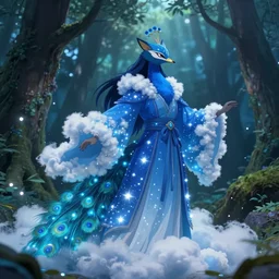 character sheet of a starry blue fox peacock druid wearing magic imbued cotton cloud mage robes with led lights stitched on the fabric to resemble stars, cinematic, forest backdrop, miyazaki, god rays, led lights, cotton cloud mage robes, dungeons and dragons, fantasy art, the legend of vox machina, anime, dynamic camera angle