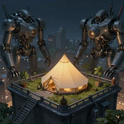 an intricate concept art, illustration, fantasy micro - world of a camp tent on a rooftop, night, no people, large mechanical biomes, ultra photorealistic, ultra sharp, pinterest, artstation, cgsociety, pinterest, digital art, anime colors, style by wlop, hyperrealistic, octane render, 8 k