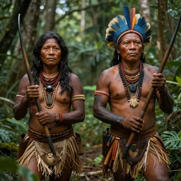 two indigenous people hunting together in the jungle, fantasy art, highly detailed, matte painting, realistic bodies, high detail faces