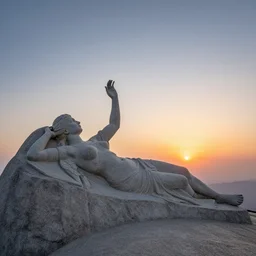 a detailed colossal magnificent stone sculpture carved from the top of a massive mountain of an elegant woman lying flat on the ground with one hand raised toward the sun on the horizon, fine detail, sunset on the horizon in the background, stone hand raised up, 8 k, in the style of pascal blanche and sparth juan raphael lacoste paul pepera pablo roldan