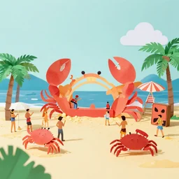 paper cutout diorama of crab rave at the beach