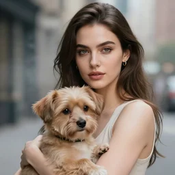 closeup portrait of beautiful woman carrying a dog, smoky new york back street, by annie leibovitz and steve mccurry, natural light, detailed face, canon eos c 3 0 0, ƒ 1. 8, 3 5 mm, 8 k, medium - format print