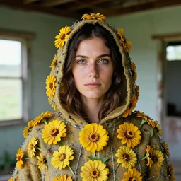 a closeup portrait of a woman wearing a hooded cloak made of zinnias and barbed wire, in a derelict house, by Petra Collins, natural light, detailed face, CANON Eos C300, ƒ1.8, 35mm, 8K, medium-format print